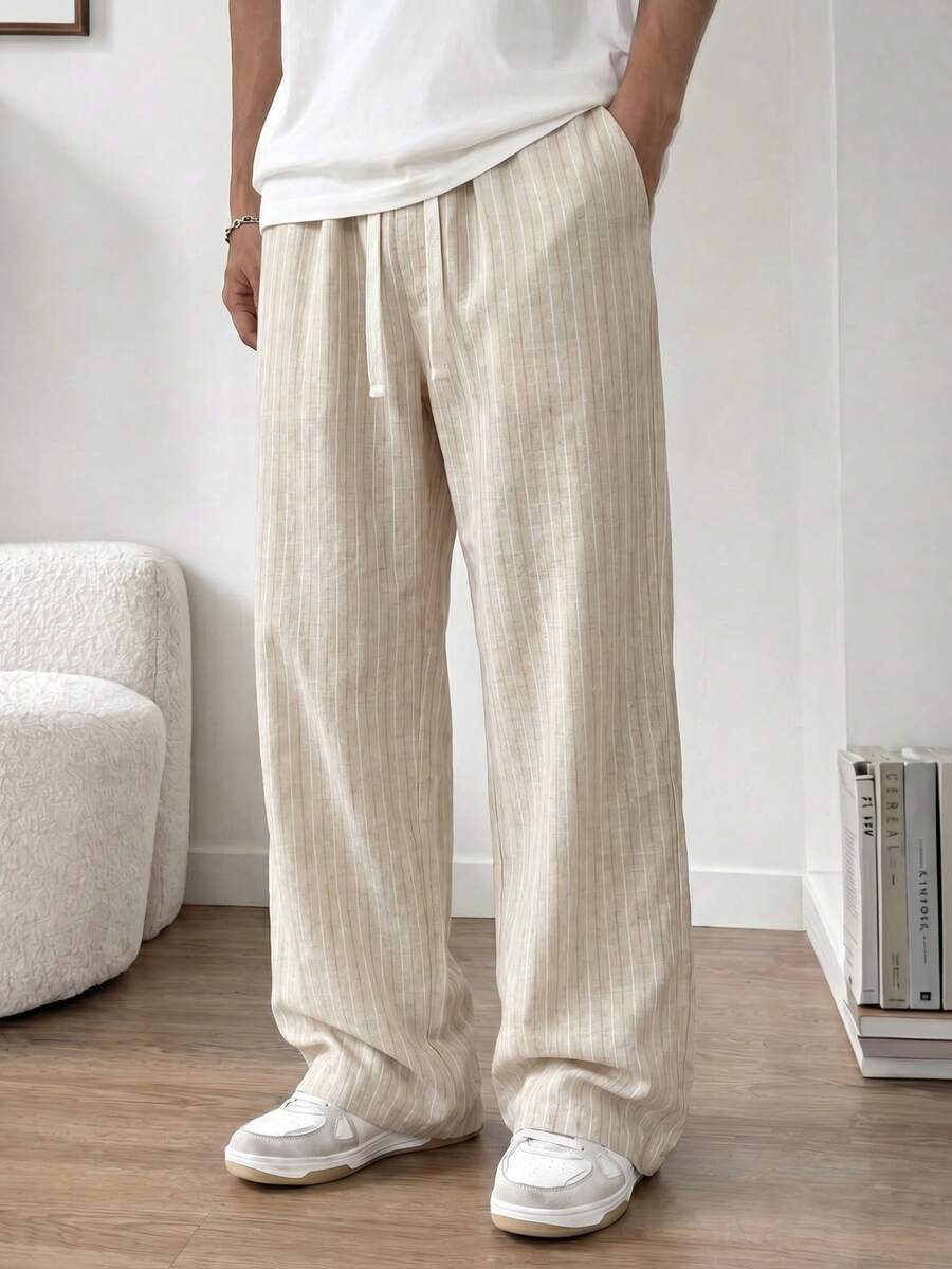 STEELVANCE Relaxed Fit Mens Pale Yellow Vertical Striped Trousers Casual Summer Fashion With Elastic Drawstring Waist Men Pants Linen Pants Men Striped - Khaki - View 1