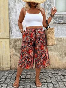 Breezaya Plus Size Women Allover Print Pocket Casual Versatile Daily Wear Pants - Red - View 5