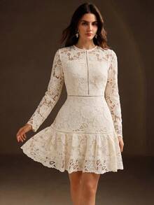 Anewsta New Arrival Women's Spring/Summer Elegant Lace Embroidered Long Sleeve Apricot Dress - Apricot - View 6