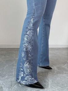 Elenzga Set de 2 piezas de conjunto de mujer de estilo denim, blusa de manga larga con hombros descubiertos y pantalones de cintura alta - Lavado ligero - Ver 5