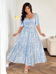 Easura Đầm maxi dáng chữ A tay ngắn cổ vuông in hoa thanh lịch dành cho nữ cỡ lớn, thích hợp cho mùa xuân/hè. - Màu xanh lam - Xem 5