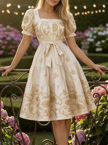 Rometta Đầm cỡ lớn thanh lịch in hoa, thích hợp cho mùa hè. - Màu be - Xem 3