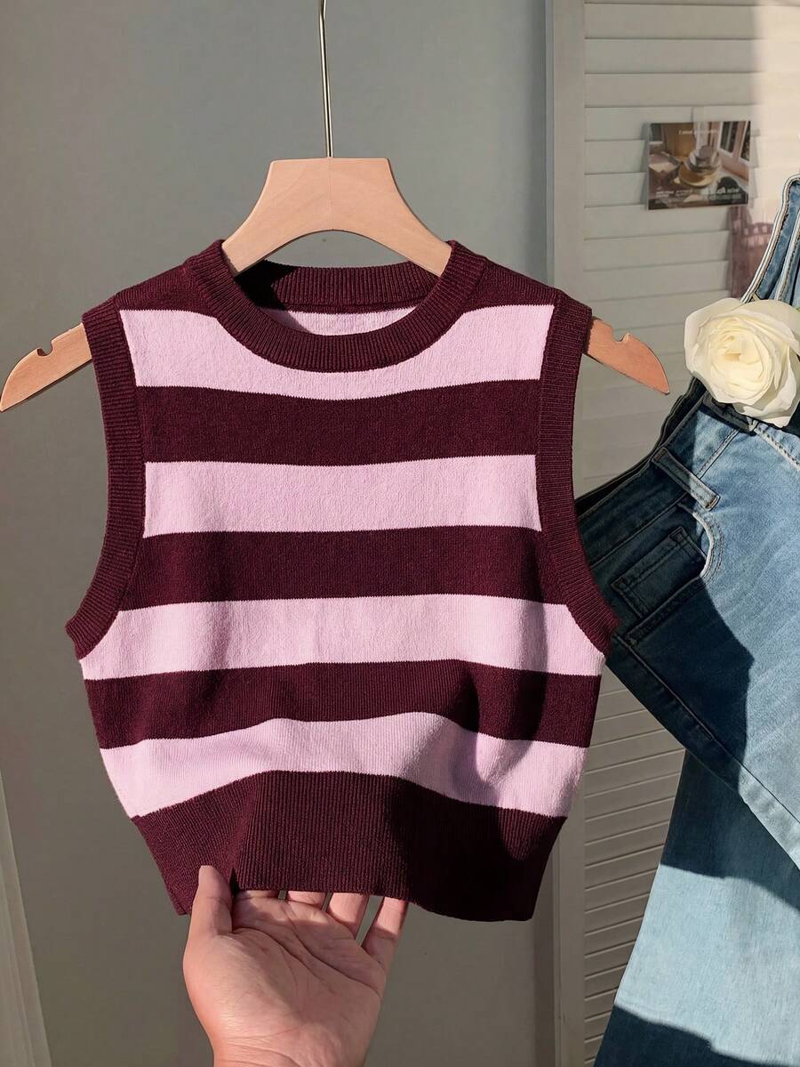 SHEIN Comfortcana Áo len croptop nữ kiểu dáng tối giản, màu nâu và hồng kẻ sọc. - Nhiều màu - Xem 1