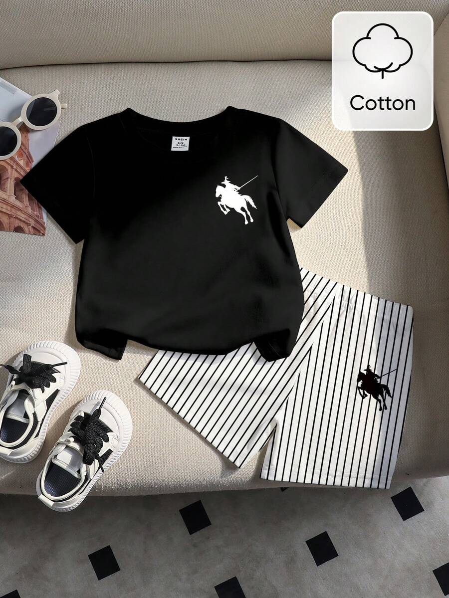 Souflis Souflis Bộ 2 món cho bé trai, gồm áo thun ngắn tay cổ tròn phối màu tương phản và quần short dệt kim kẻ sọc, chất liệu cotton mềm mại, kiểu dáng cổ điển, thích hợp cho các hoạt động ngoài trời. - Nhiều màu - Xem 1