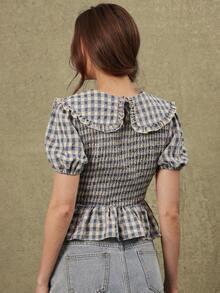 WESTFADE Embroidered Gingham Oversized Collar Short Puff Sleeve Smocked Ruffle Peplum Top, Women's Plaid Blouse, Female Shirt, Country Style, Blue And White - Baby Blue - View 5