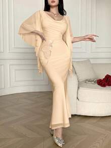 Feyla Damen Kleid mit Schmetterling Applikation, drapierter Ausschnitt, Glockenärmel, figurbetont, elegant - Aprikosenfarben - Übersicht 3
