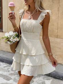 Women's Solid Color Square Neck Cap Sleeve Ruffle Hem Elegant Short Dress, Summer - Light Yellow - View 5