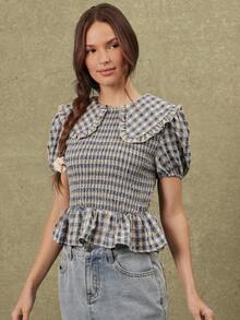 WESTFADE Embroidered Gingham Oversized Collar Short Puff Sleeve Smocked Ruffle Peplum Top, Women's Plaid Blouse, Female Shirt, Country Style, Blue And White - Baby Blue - View 4