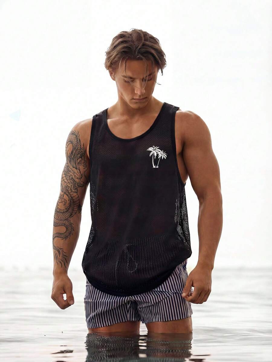 Ironwick Men's Palm Tree Print Casual Fitness Sports Tank Top - Black - View 1
