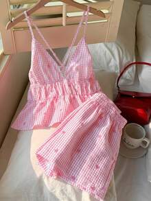 Comfortcana Bộ đồ thường ngày thoải mái gồm áo hai dây và quần short in họa tiết trái tim kẻ caro dành cho nữ. - Hồng - Xem 6