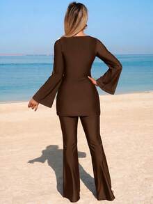 SHEIN Swim 女士新款保守布基尼泳装，纯色修身休闲中东度假风长袖长裤两件套泳装 - 棕色 - 查看 2