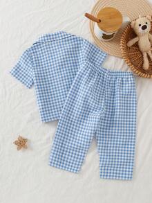 Cardigan cu rever, broderie 3D cu dinozauri, în carouri albastre și albe pentru bebeluși băieți + pantaloni cu mânecă scurtă cu nasturi albi, ținută casual lejeră pentru casă și exterior - Albastru si alb - Vizualizare 2