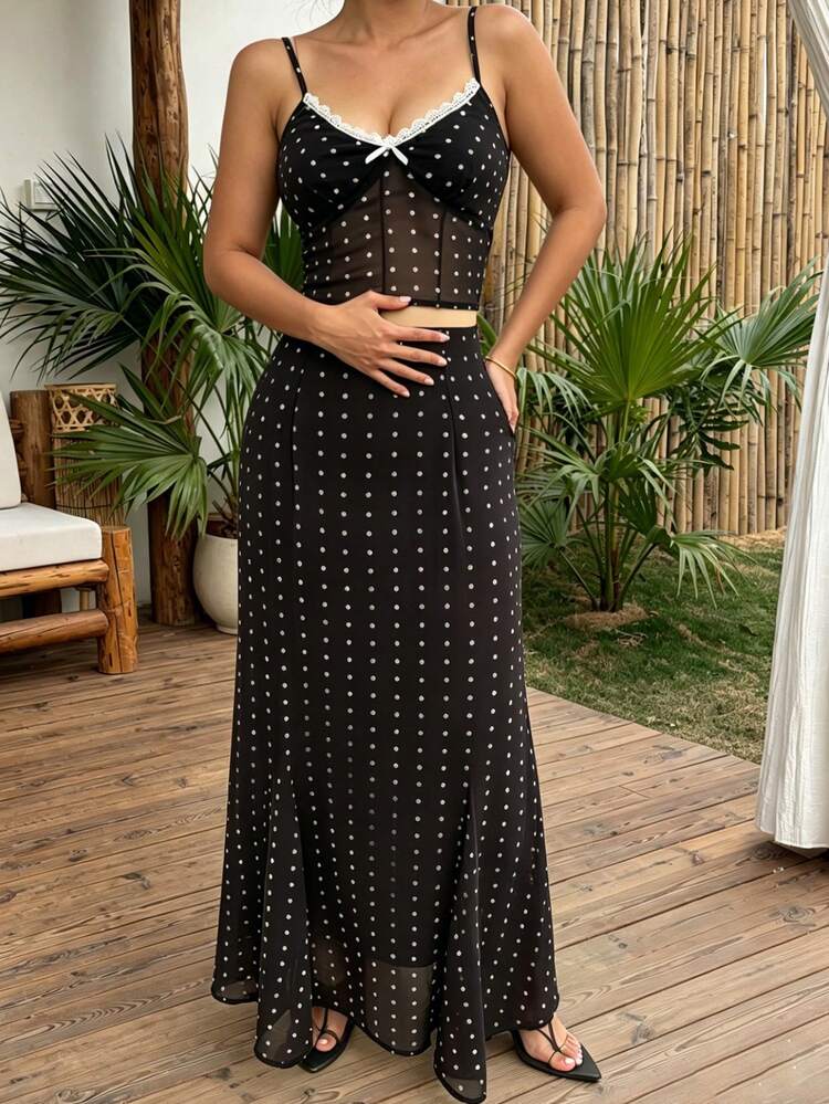 Women's Lace Patchwork Polka Dot Bow Decor Camisole Top And Skirt Casual 2-Piece Set