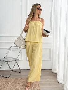立领荷叶边吊带背心搭配松紧腰阔腿裤套装，休闲宽松优雅通勤度假风，适合女性，春夏款 - 黃色 - 查看 5
