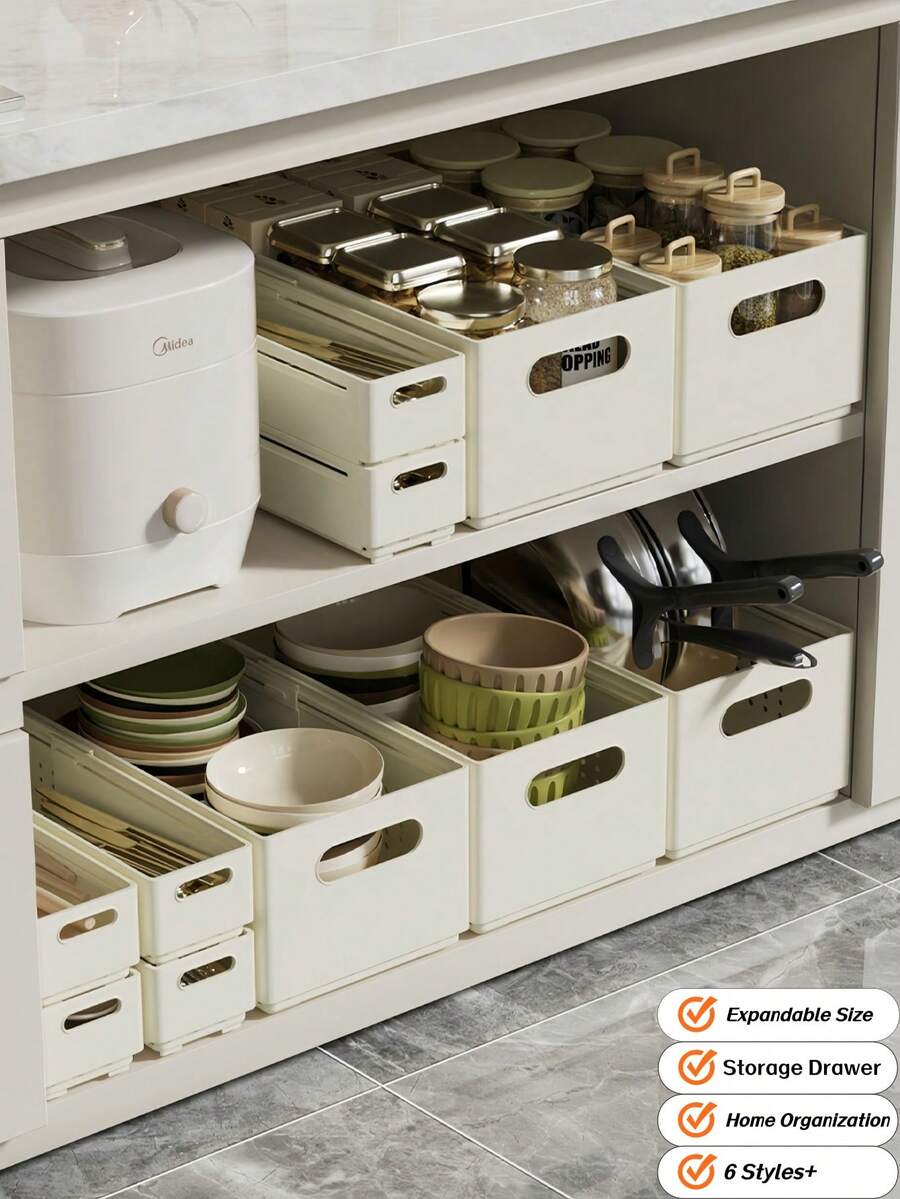 1PC Expandable Plastic Storage Drawer Adjustable Drawer Organizer Cabinet Storage Box Multifunctional Stackable Divider Container Kitchen Cabinet Organizer Pantry Utility Basket Utensil Holder Beverage Can Dispenser For Home Organization Must Have - Beige - View 1