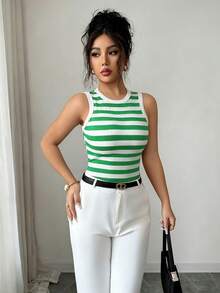 Elenzga Áo tank top nữ dáng ôm, thanh lịch, màu đen trắng, thích hợp mặc hàng ngày vào mùa xuân và mùa hè. - màu xanh lá - Xem 5