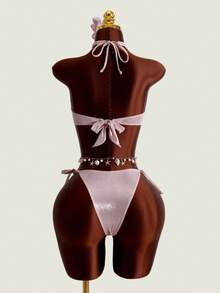 Swim SXY Conjunto de 2 piezas con parte superior de bikini con decoración de perlas y tela metálica y Bottom de triángulo con lazos laterales - Multicolor - Ver 2