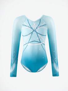 SHEIN 少女体操服，专业运动体操舞蹈连体衣，高弹透气紫色闪亮图案水钻装饰紧身衣 - 藍色 - 查看 5