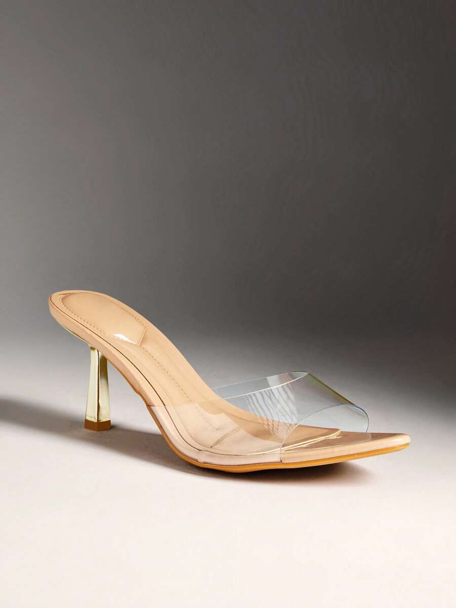 SHUZIA Women Comfortable Kitten Heel Sexy Pointy Toe Clear Slip-On Heeled Sandals Summer Shoes - Apricot - View 1