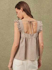 WESTFADE Blusa de algodón con cuello cuadrado, volantes y mangas de vuelo en estampado de cuadros - Caqui - Ver 5