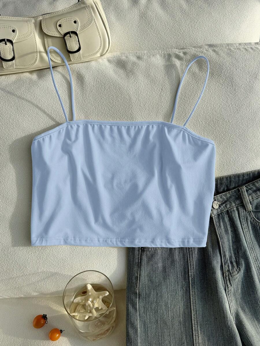Comfortcana Plus Size Women Solid Color Cropped Camisole, Casual & Versatile - Blue - View 1