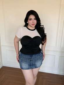 Áo croptop nữ màu đen chấm bi phối nhiều mảnh, áo thun lưới xuyên thấu gợi cảm. - Đen và trắng - Xem 5