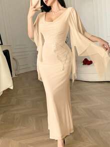 Feyla Damen Kleid mit Schmetterling Applikation, drapierter Ausschnitt, Glockenärmel, figurbetont, elegant - Aprikosenfarben - Übersicht 4