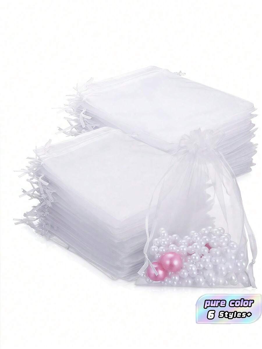 SHEIN 50/10Pcs Clear Gift Wrapping Bags, Various Sizes Suitable For Wedding, Party, Travel, Birthday, Anniversary Drawstring Organza Bags Gift Wrapping Bags, Suitable For Jewelry, Candy, Stationery And Other Small Items. Also Suitable For Decoration, Fruit Packaging And Pest-Proof Storage. Ideal For Parties And Dining Occasions, Perfect For Holiday Gifting-White - White - View 1