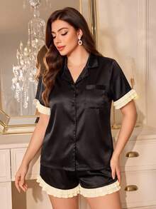 MuseNap CURVE Conjunto de pijama de seda sintética con encaje negro y albaricoque, con pantalones cortos, talla grande para mujer - Negro - Ver 4