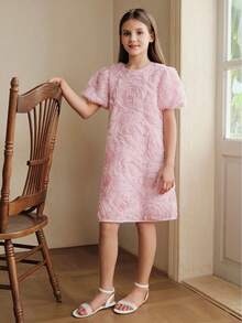 Anewsta Girls' Pink Rose Print Short Sleeve Summer Dress - Pink - View 7