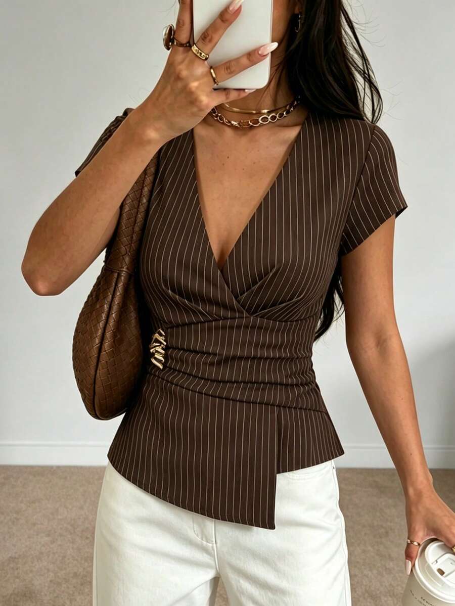 Avenya Women's Striped V-Neck Long Sleeve Ruched Asymmetric Hem Blouse - Multicolor - View 1