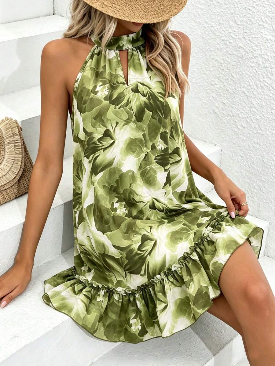 Breezaya Vestido Casual Elegante Feminino com Amarração no Pescoço, Sem Mangas, Bainha Franzida, Estampa Tie Dye, Caimento Solto, Adequado para Trabalho, Dia a Dia, Encontros, Primavera, Verão, Praia, Festa - Verde - Visão 1
