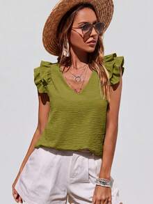 Selianne Blusa de mujer con mangas con volantes texturizados para resort - Verde militar - Ver 3