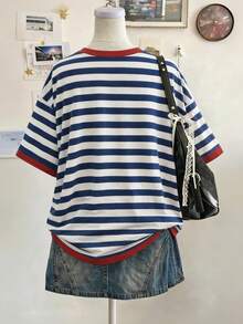 Lalippa Lobster Striped Digital Print Plus Size Women's Long Loose Round Neck T-Shirt, Gift For Friends - Multicolor - View 2
