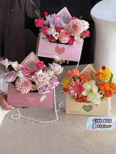5/10pcs Envelope Style Flower Box, Love Letter Pattern, Reusable Lightweight Gift Box, Wedding Favor DIY Floral Arrangement, Valentine's Day Gift(Bead Chain Not Included)