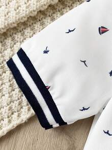 SHEIN Streecool Kids 小男孩 Polo 衫，白色夏季家庭度假套裝，小鳥、帆船、棕櫚樹印花，羅紋領，對比袖口，海灘度假風 - 白色 - 查看 7