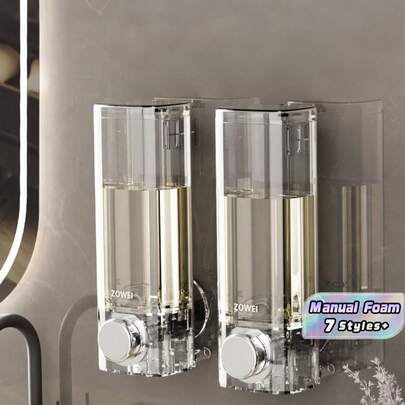 1PC/2PCS塑料无孔吸盘壁挂式按压式手动泡沫皂液器白色透明沐浴露瓶洗手液器适用于酒店浴室家用壁挂式配件浴室必需品泡沫分配器液体容器浴室装饰储存解决方案