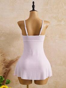 SHEIN Swim 女士夏季度假纯色荷叶边纹理吊带泳装裙 - 粉色 - 查看 15
