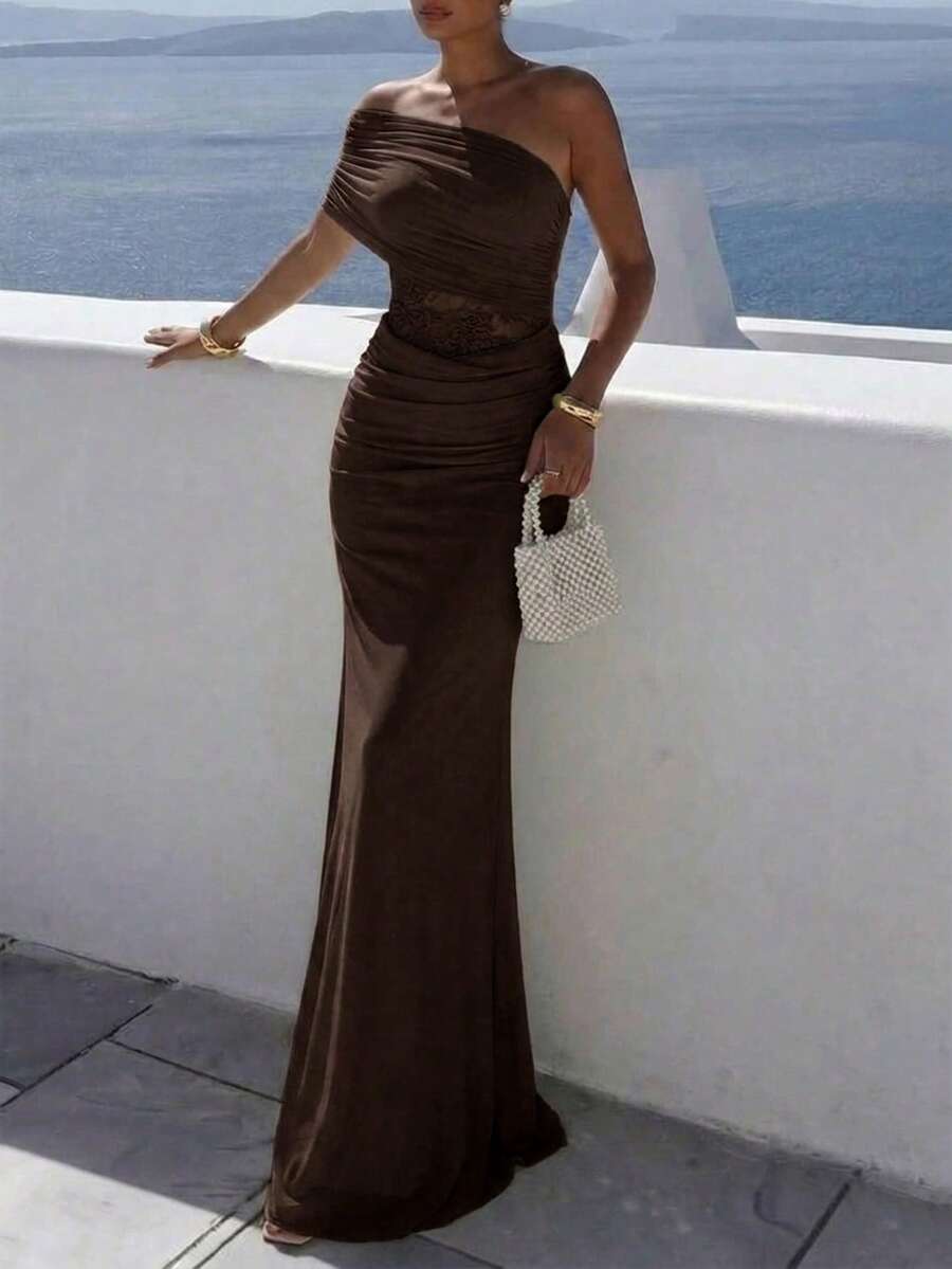 Aloruh Elegant Dark Brown Summer Dress,One Shoulder Ruffle Mesh Lace Patchwork See-Through Waist Slim Fit,Dining Vacation Holiday Wedding Guest Beach Dress - Brown - View 1
