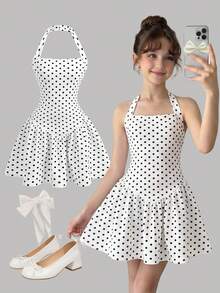 SHEIN Girlism Teen Girl Polka Dot Print Fashion Halter Dress Teen Girls Tween Girls Casual Dresses For Girls Birthday Dresses For Girls Youth Girl Clothes - Black and White - View 1