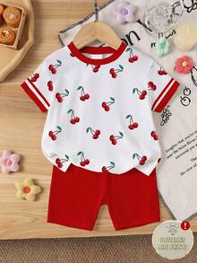Elladie kids 6pcs Baby Girl Sweet Cute Smiling Face, Letter, Dopamine Print Tie-Dye Color Casual Summer Outfit Set - Multicolor - View 6