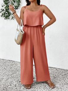SHEIN Frenchy Plus Size Casual Vacation Textured Solid Color Jumpsuit - Pink - View 3