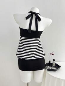 Elamini Y2K Retro Vacation Casual Versatile Striped Patchwork Mini Dress For Women - Multicolor - View 2