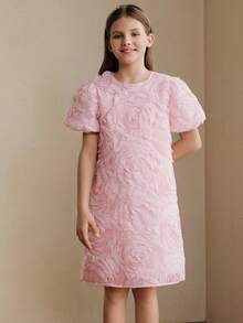 Anewsta Girls' Pink Rose Print Short Sleeve Summer Dress - Pink - View 8