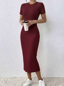 Vestido dama Midi Largo ajustado en Punto Acanalado Elegancia Casual manga corta comodo fresco ideal citas cumpleaños reuniones traspirable flexible se estira - Vino - Ver 1