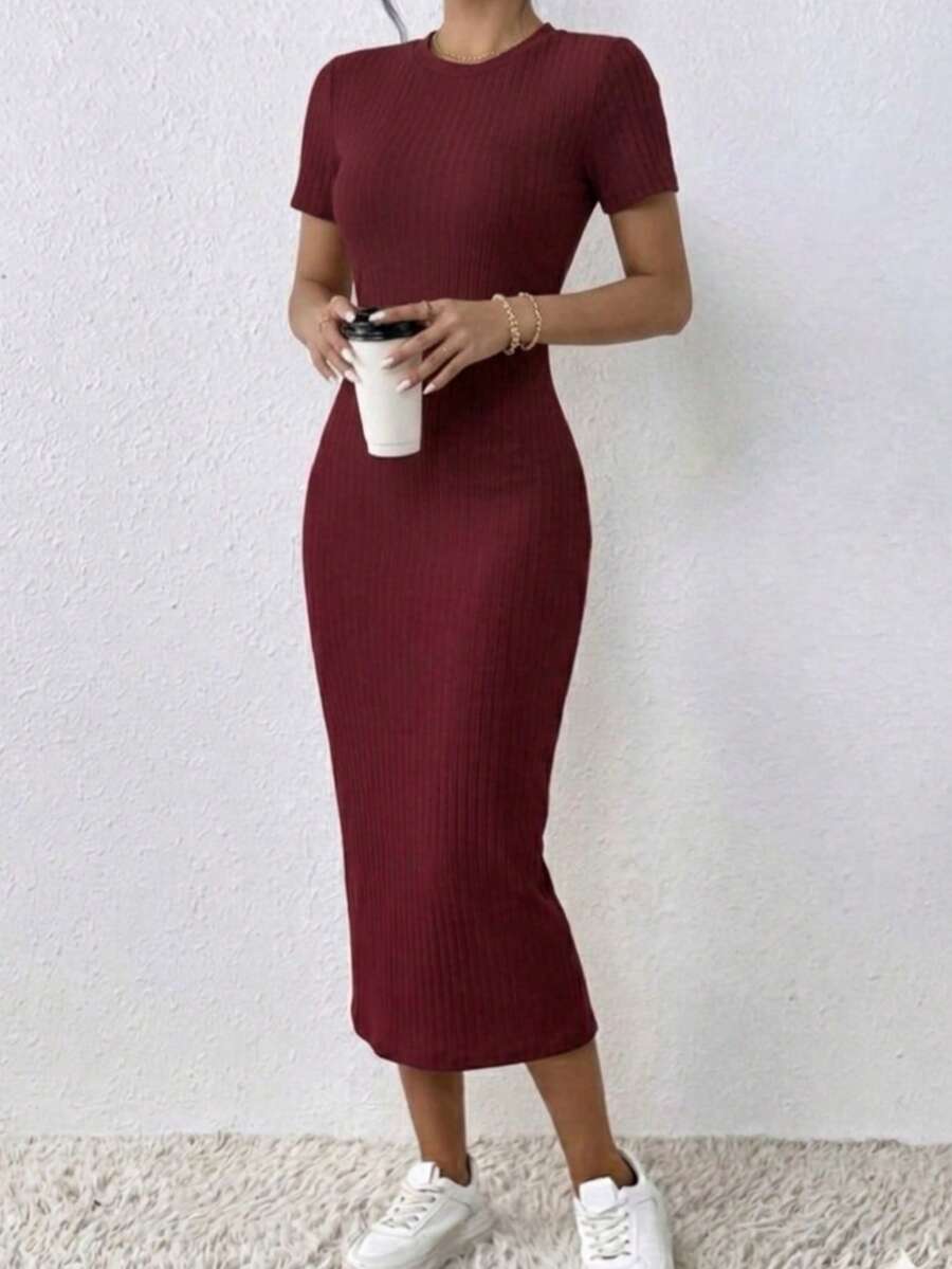 Vestido dama Midi Largo ajustado en Punto Acanalado Elegancia Casual manga corta comodo fresco ideal citas cumpleaños reuniones traspirable flexible se estira - Vino - Ver 1