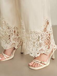Anewsta Elegant Loose Floral Lace Hollow Out Beige Wide-Leg Pants, Suitable For Spring And Summer - Apricot - View 1