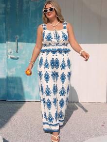 Vivid Eden Plus Size Summer Vacation Outfits, White 2 Pieces Set, Blue 2 Pieces Set, Camisole & Pants 2 Pieces Set, Blue Print, Plus Size 2 Pieces Set - Blue and White - View 10