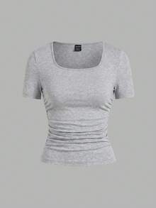 SHEIN EZwear 4件/組休閒簡約純色舒適方領套頭短袖大尺碼女款T恤，適合春夏季 - 彩色 - 查看 7