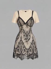 SHEIN MOD Plus Size Lace 2 In 1 Black & White Mini Dress - Apricot - View 9
